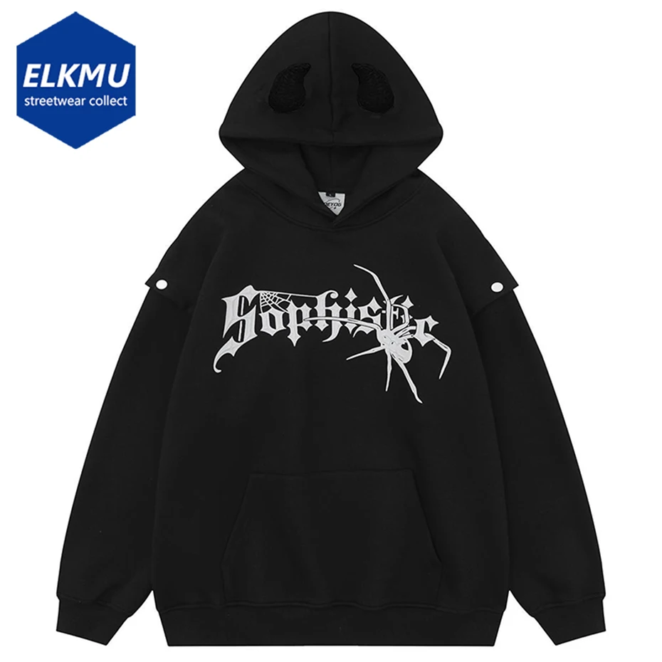 

Devil Horn Hoodies Spider Graphic Oversized Hip Hop Hoodie Men Streetwear Harajuku Loose Pullover Sweatshirts Black