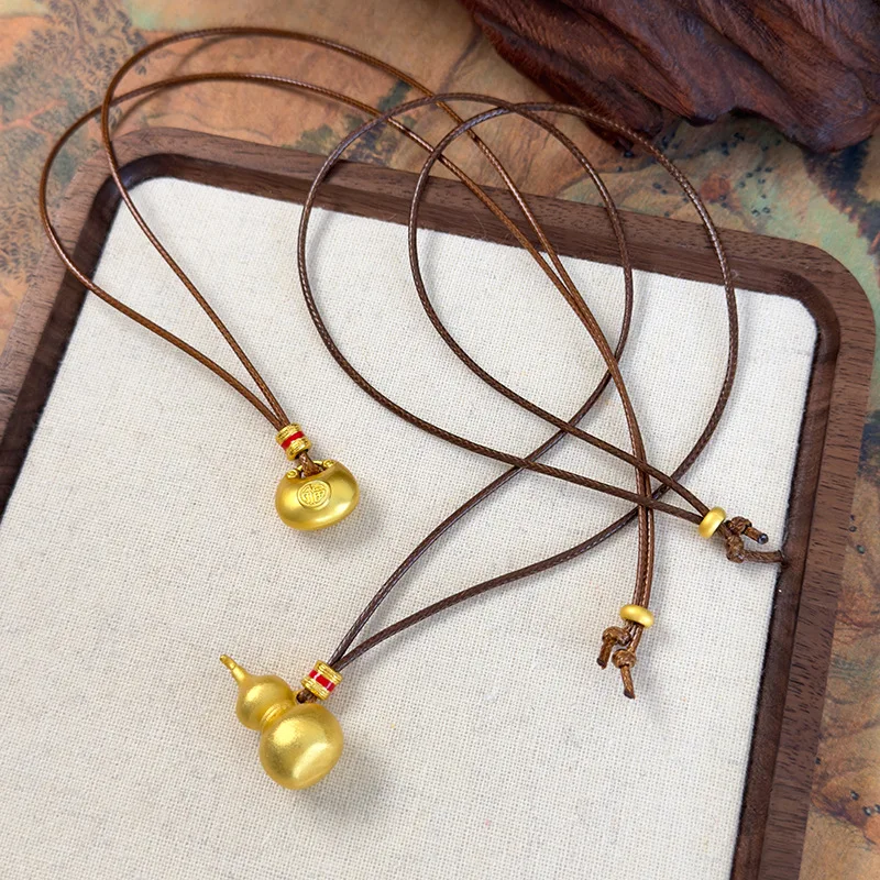 Necklace Gold Tone Gourd Pendant Braided Cord Long Sweater Chain Neo Chinese Antique Finish Elegant Lucky Jewelry for Women
