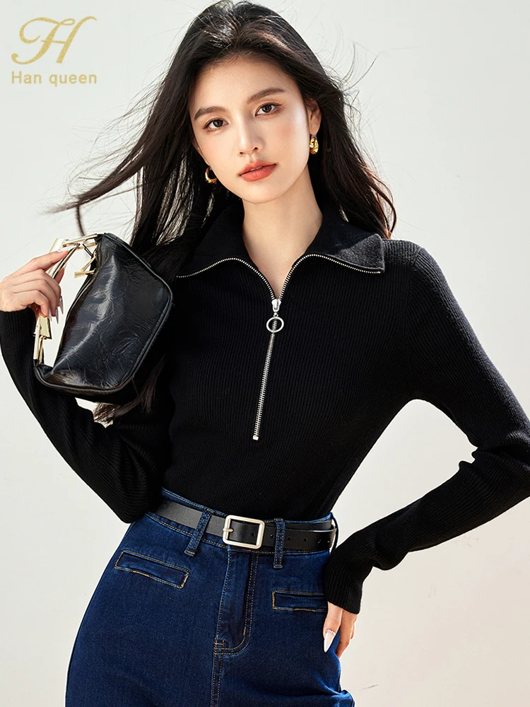 H Han Queen Autumn Stretchy Black Jersey Sweater Long Sleeve Chic Zippers Vintage Casual Tops Pullover Sweaters Women\'s Clothing