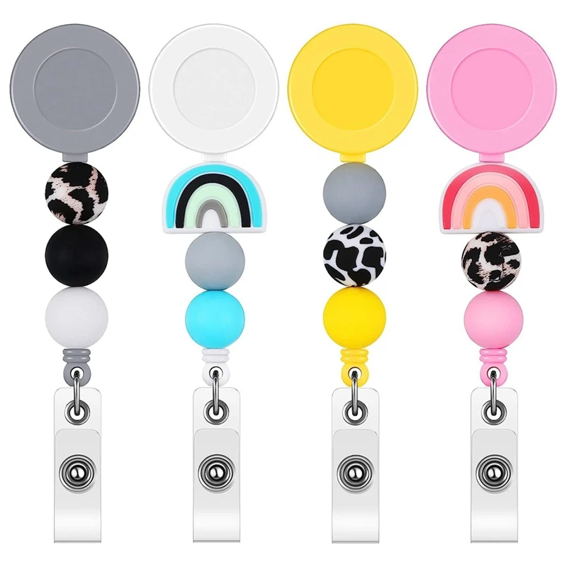 

4 Pcs Nurse Badge Reels Retractable Cute Silicone Beaded Badge Reel With Swivel Clip And Key Ring For Office