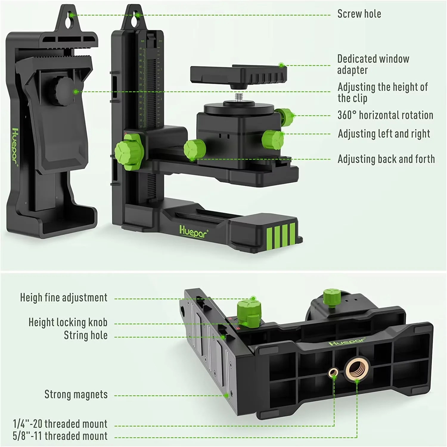 Huepar Fine-tuning Pivoting Bracket Magnetic Base For Laser Level, Tripod, Wall Hang Mounted Holder With Back Clip PV11+