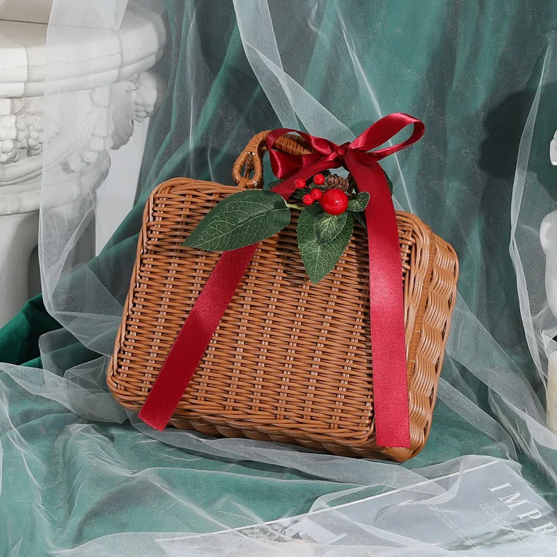 

Retro Woven Rattan Suitcase Portable Woven Gift Box Cosmetic Storage Box Wicker Rattan Picnic Laundry Baskets Home Storage