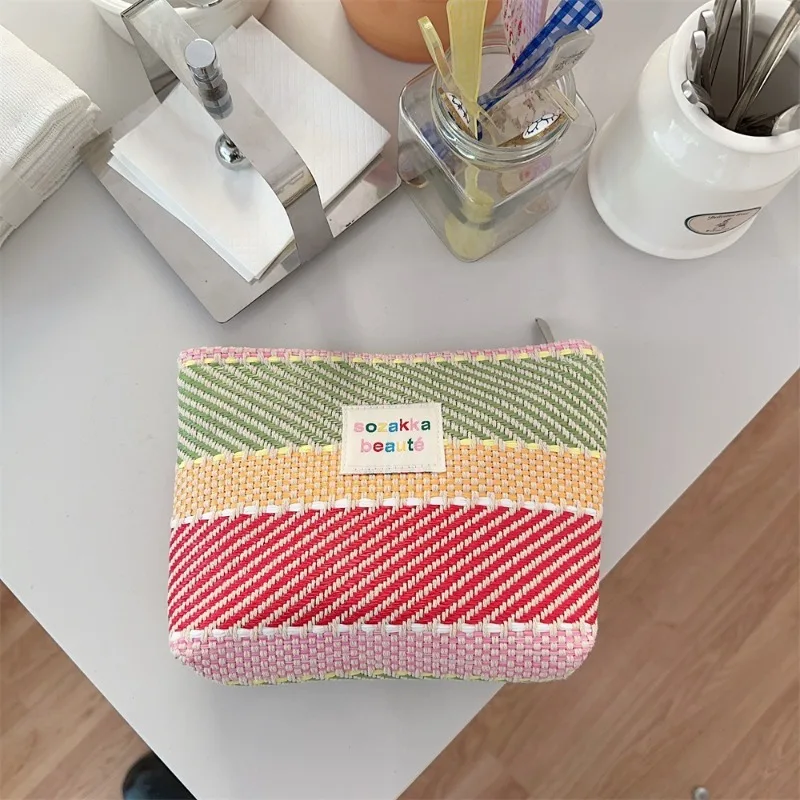 Youda New Polyester Fabric Cosmetic Bag Simple Cute Colorful Striped Pattern Top-handle Makeup Clutches Travel Storage Bags