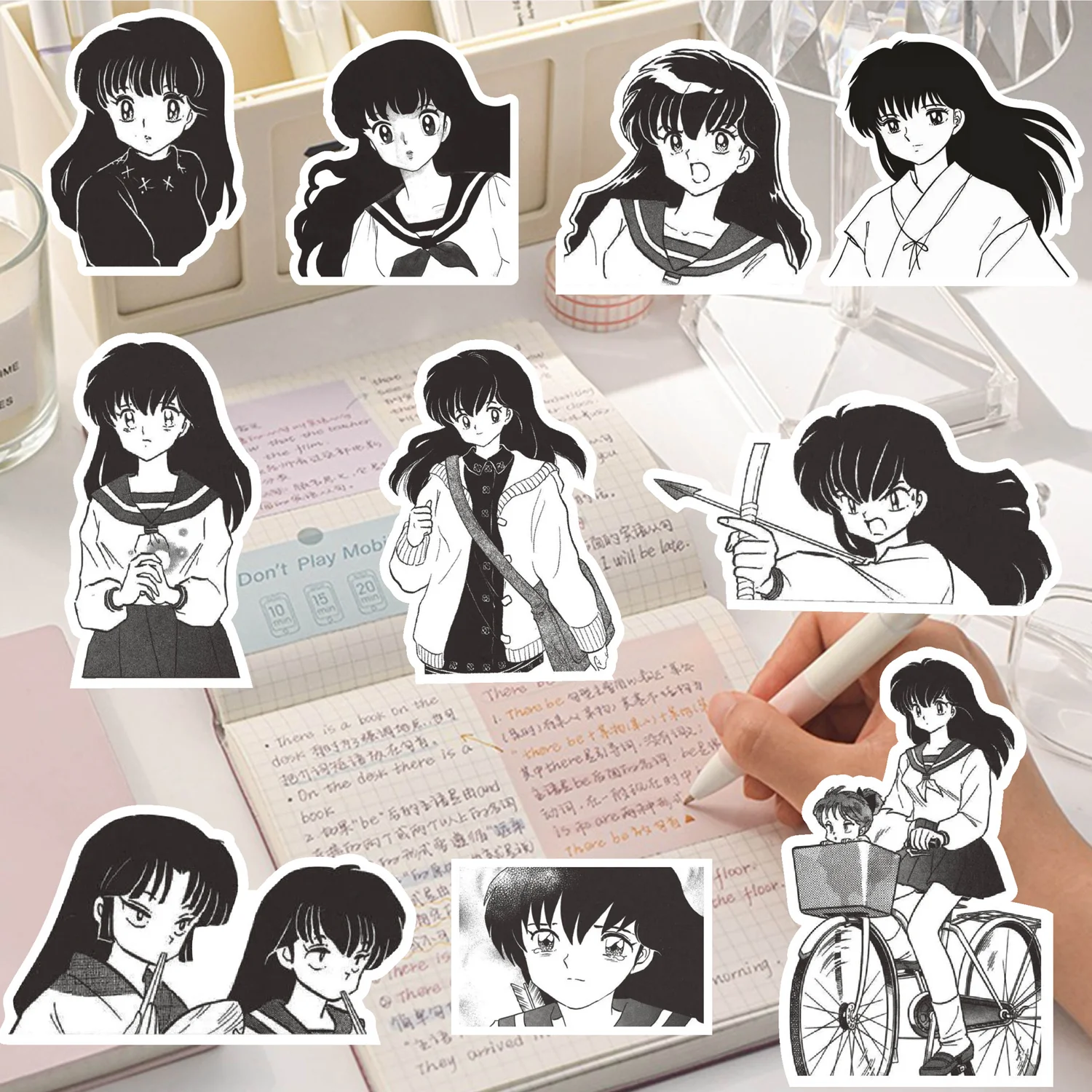 Inuyasha stiker buku gambar hitam dan putih, stiker dekorasi buku pegangan grafiti papan luncur, cangkir air ponsel DIY 65 buah