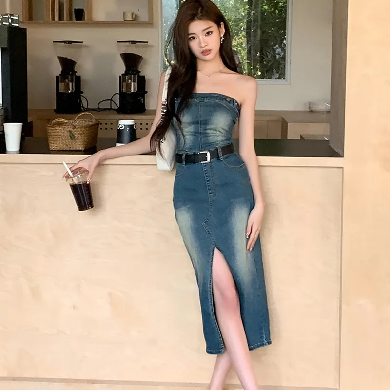 

Sexy Club Denim Strapless Mid-long Dress Women Skinny Chest Wrapping Jean Dresses 2023 Summer New Sleeveless Split Vestdios 4823