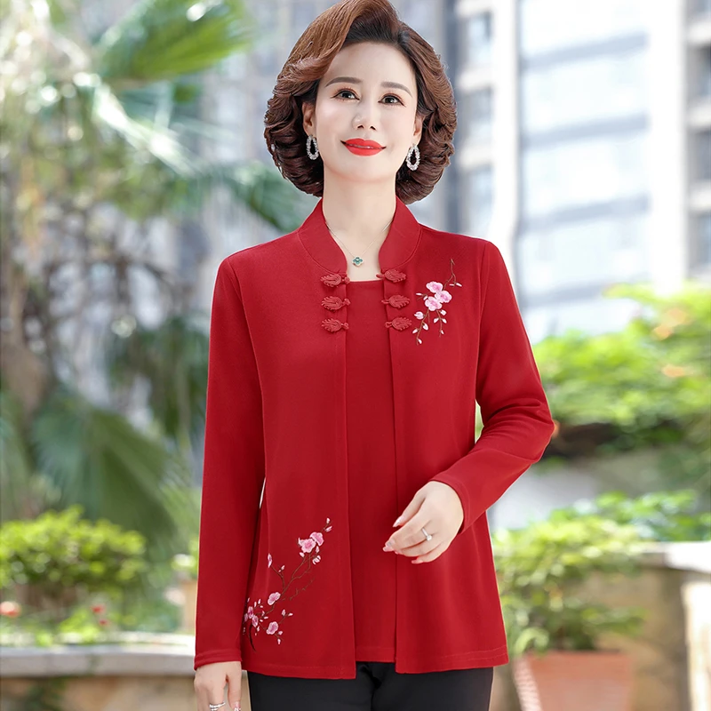 Long Sleeve Shirt Fake Two Piece Autumn Middle-aged Mothers knitting embroidery solid color Knitted Casual Loose Top
