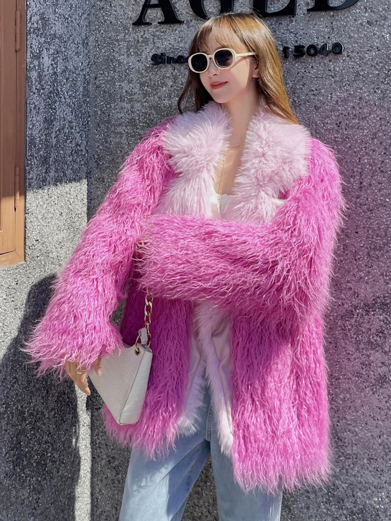 Young Imitated Sheep Fur Mid-Length Coat Peach Pink Wool Women's Autumn and Winter Lapel Green