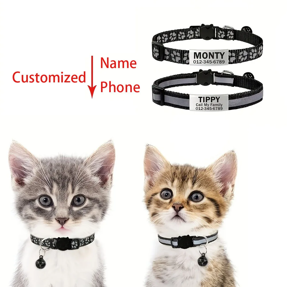 2-piece reflective collar with personalized cat and dog collar, bell, and custom-engraved pet name/phone number cat ID tag