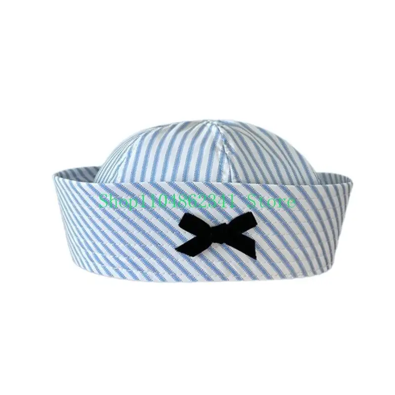 

652F JK Bowknot Hat for Female Girl Striped Sailor Hat Halloween Cosplay Costume Hat Music Festival Uniform Hat