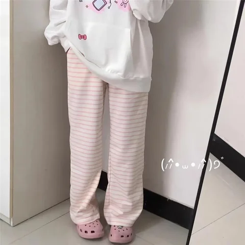 Cute Y2K Striped Pants Women Kawaii Sweet Harajuku Fleece Sports Korean Fashion Sweatpants Girly Basic Cartoon Japanese Trousers