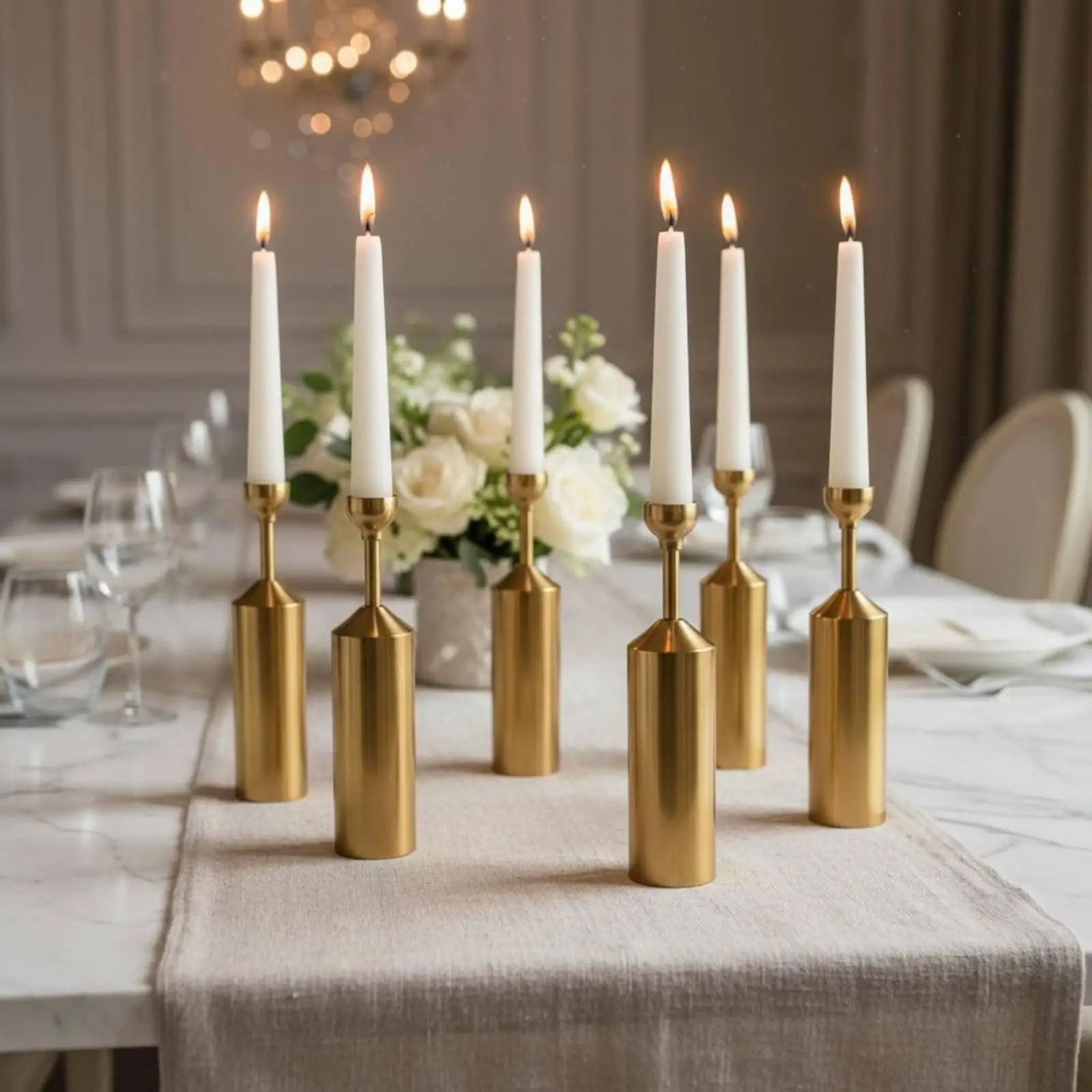 Set of 6 Gold Candle Sticks Iron Decorative Candle Holder Modern Geometric Design for Wedding Reception Formal Dinner Table