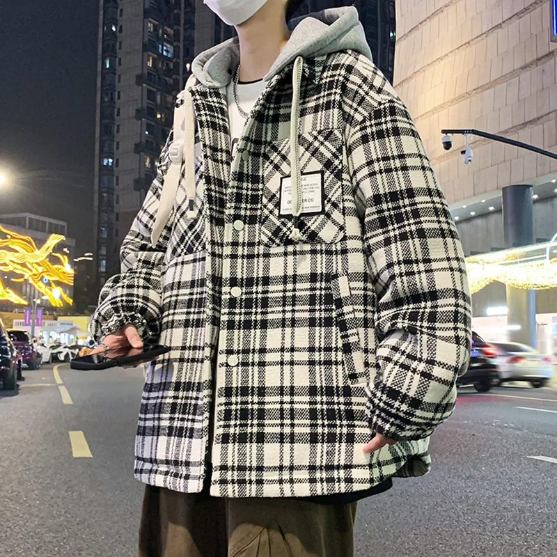 Men's padded Clothing Autumn Winter New Fashion Stripe Check Print Outdoor Travel Hooded Coat Men's Thickened Warm Down Jacket