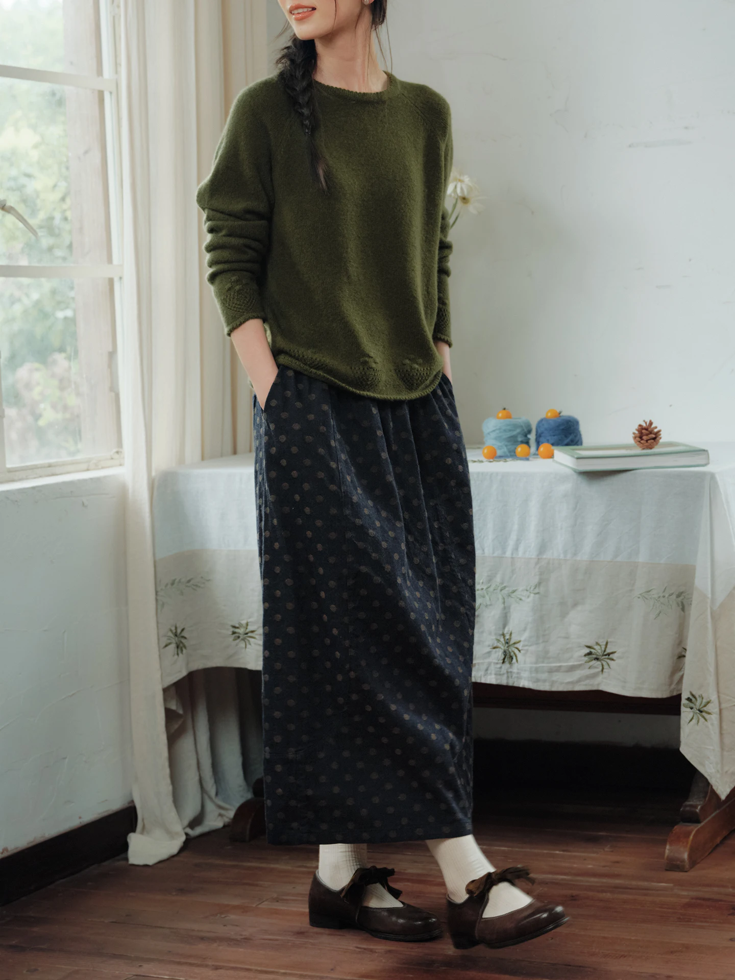 Cotton Polka Dot Elastic Waist Straight Skirt Women's Autumn Fashion Half-length Skirts Comfortable Fit A-line Silhouette