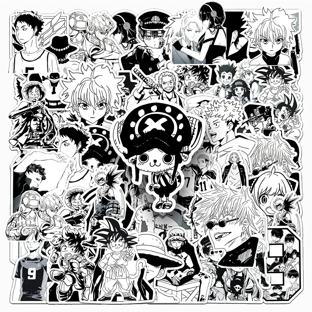 10/30/50pcs Black and White Anime Stickers ONE PIECE Dragon Ball Cartoon Decals Waterproof Cool DIY Sticker for Kids Toys Gifts