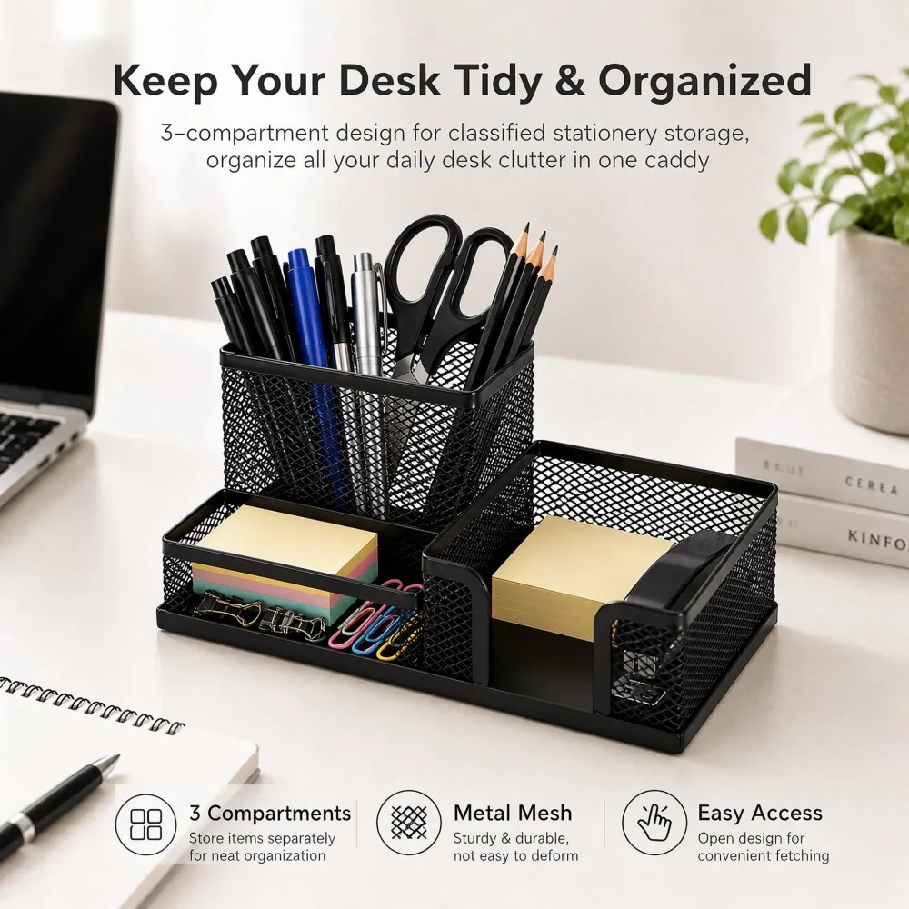 Deli Metall-Stiftehalter, quadratisch, schlicht, multifunktional, mit drei Fächern, Schreibtisch-Organizer, Bürobedarf