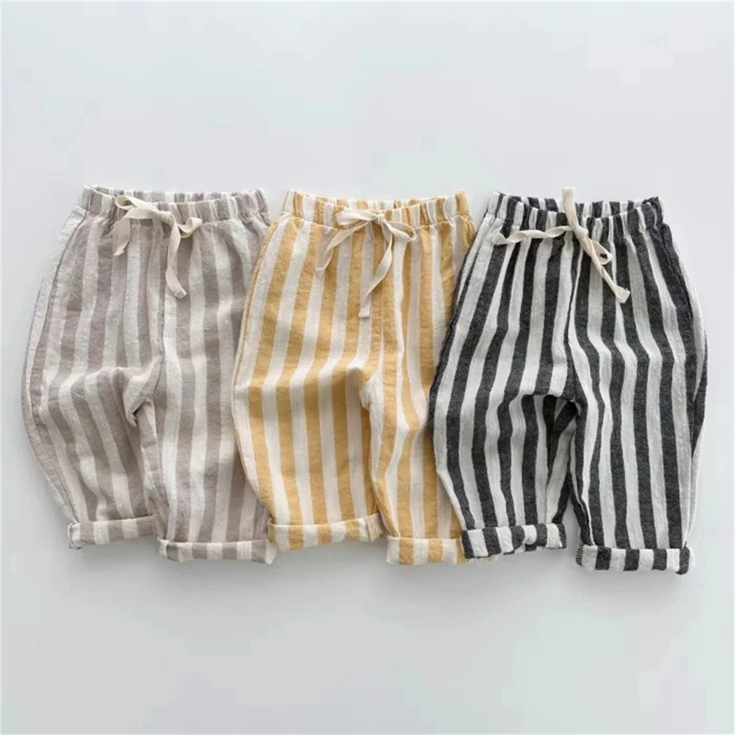 

Vintage Linen Cotton Stripe Pants for Boys Casual Pocket Design Elastics Waist Pants for Toddler Girl Clothing Children Trousers