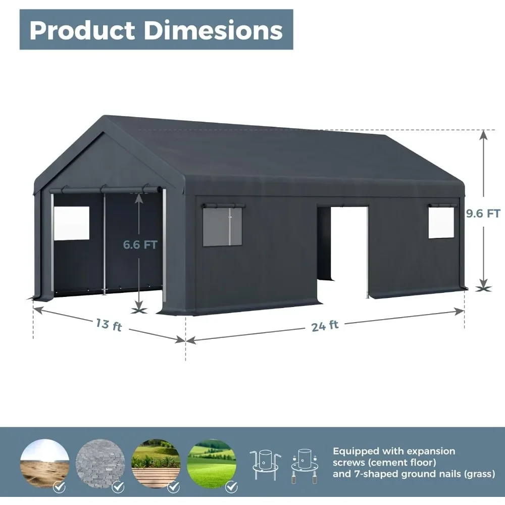 13'x24' Carport Garage with Roll-up Windows, Removable Sidewalls & Doors, Waterproof & 12 Legs, Large Heavy Duty Carport Garage