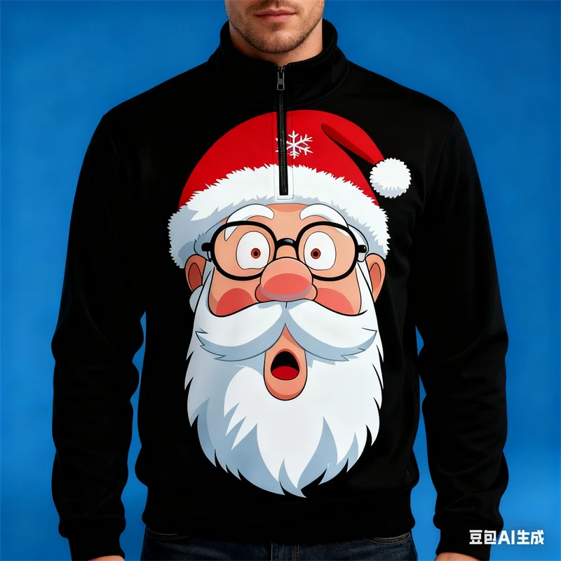 

Autumn Fashion 3D Santa Claus Printed Men's Collar Half Zip Sweatshirt Tops Leisure Fashion Long Sleeve Pullover Streetwear Tops