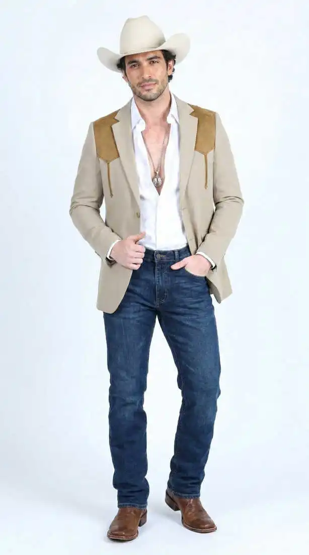 Men's Western Blazer Single Breasted Notch Lapel Suede Patchwork Yoke Two Tone Jacket Cowboy Style Coat Custom Made M264390
