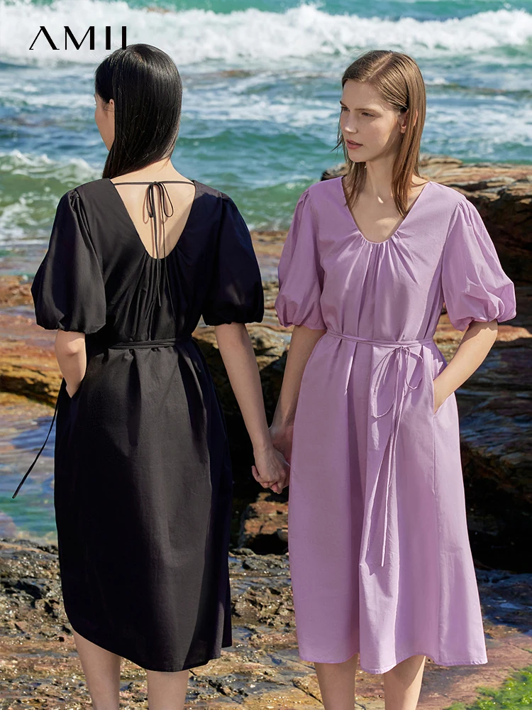 

AMII Minimalism Dresses for Women 2022 Summer Pullover Puff Sleeves 100% Cotton Vestidos Women Clothing Female Dress 12240381