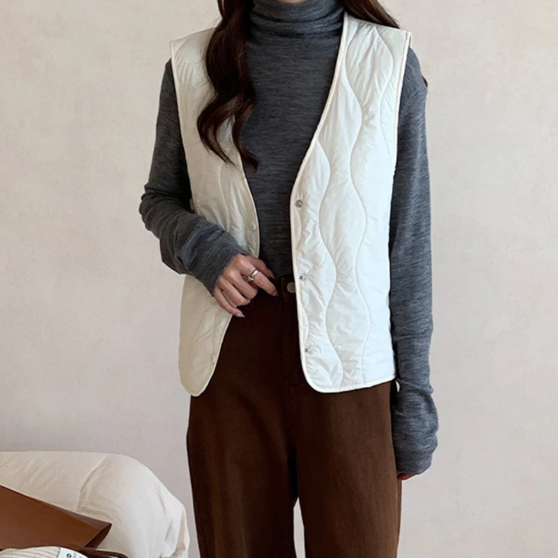 2025 가을 겨울 솔리드 컬러 V넥 파카 베스트 패션 싱글 브레스티드 슬리브리스 웨이스트코트 심플 따뜻한 출퇴근 재킷 여성