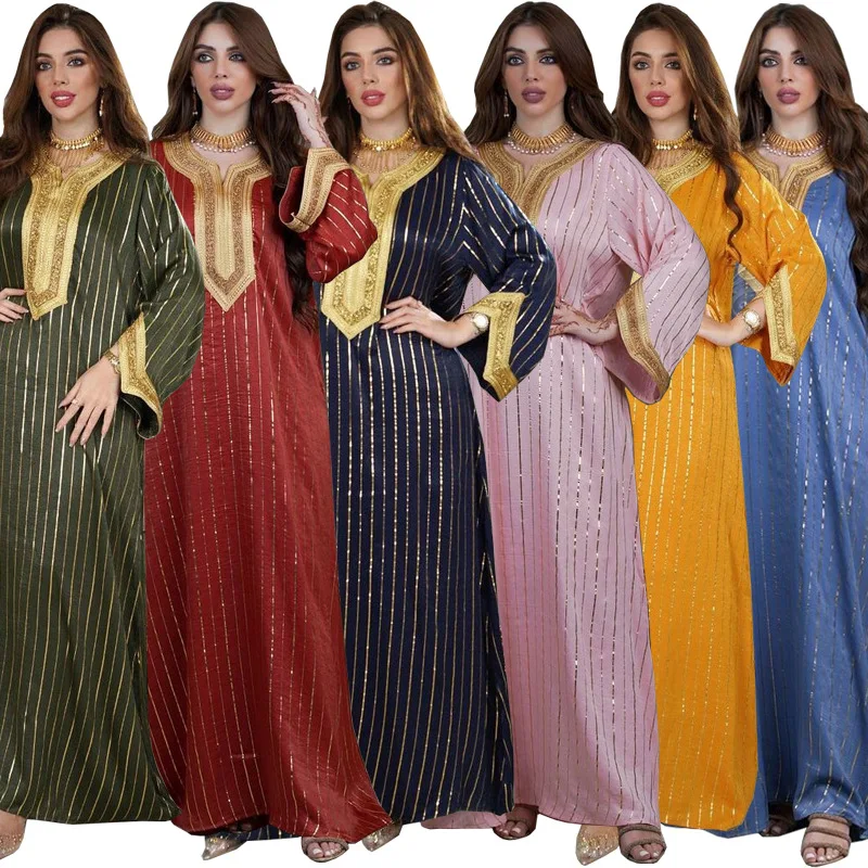 Dress Middle East Dubai Muslim Polyester Cotton Stripe Stamping Featured Lace Stamping Diamond Saudi Arabian Evening Dress