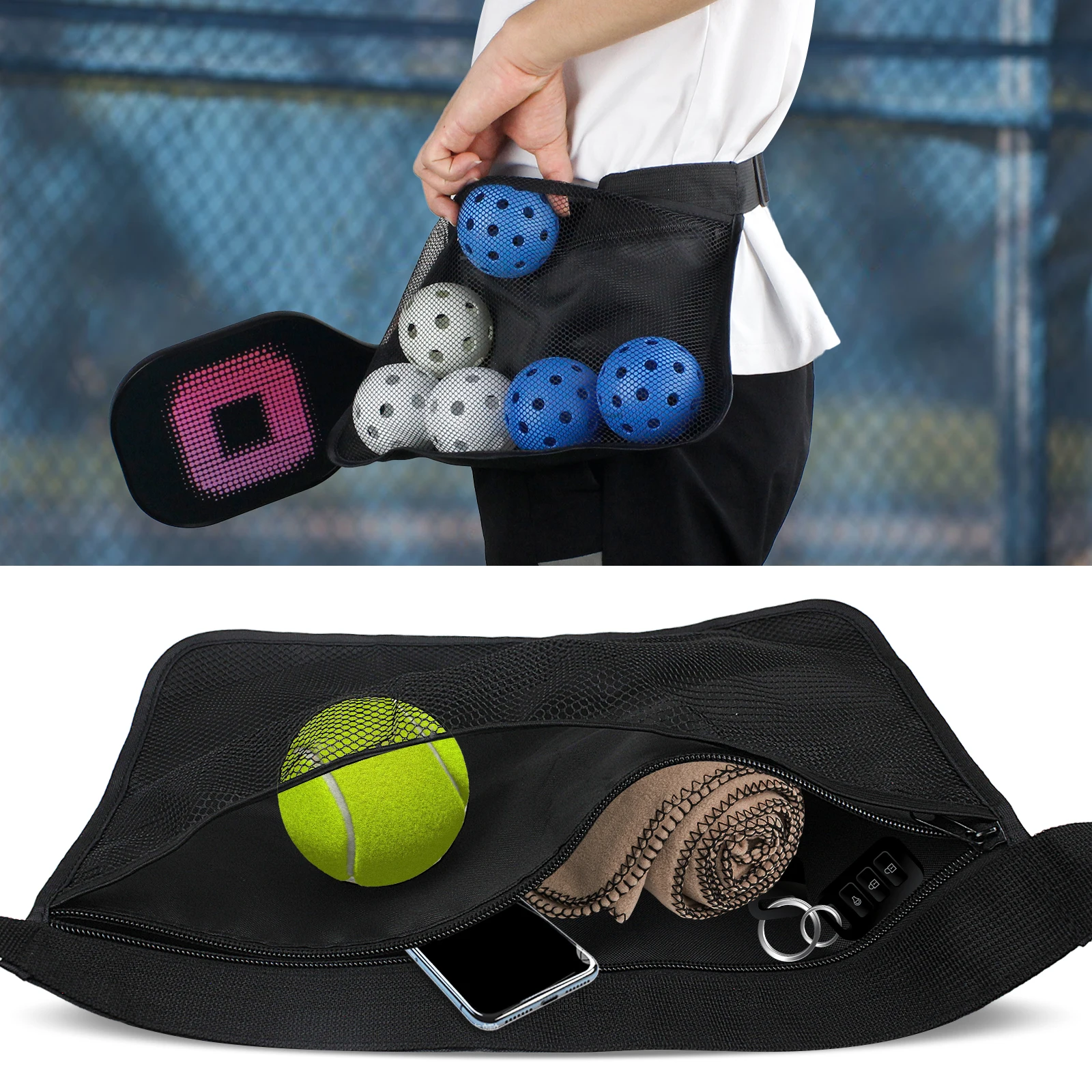 Portable Pickleball Holder Adjustable Waist Pickleball Pouch for Men Women Holding Tennis & Pickleball Accessory Black Color