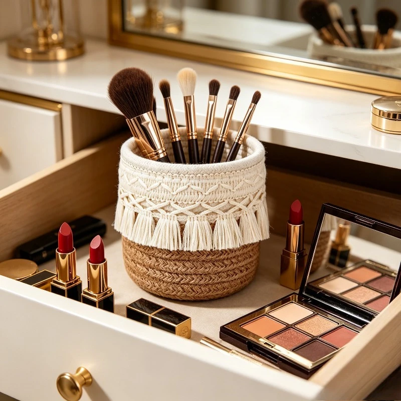 1pc Tassel Style Cotton Rope Storage Box Desktop Organizer for Makeup Brushes Cosmetics Pen Holder Storage Basket