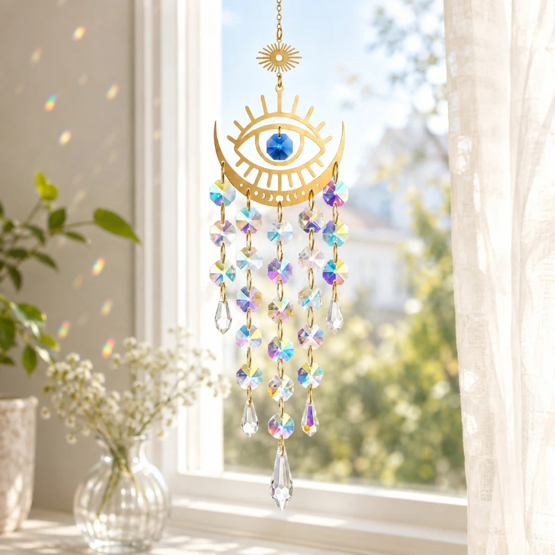 Evil Eye Sun Catcher Crystal Prism Rainbow Maker Blue Window Hanging Boho Garden Decor Gift for Her