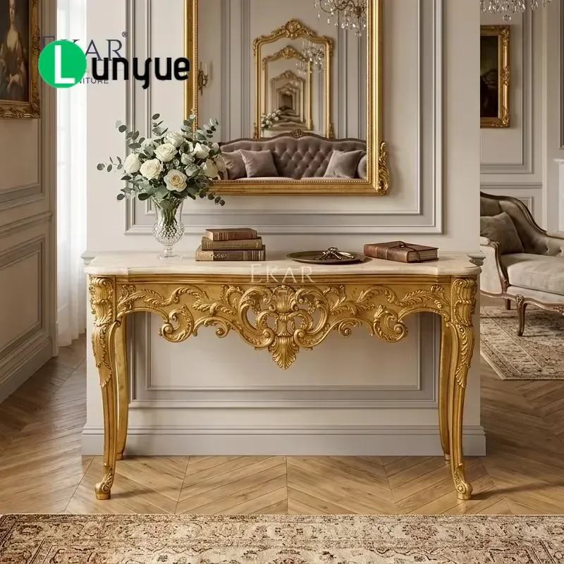 Luxury Gold Marble Entrance Table for of Versailles Style Foyer Console with Elegant Design and Durable Stone Top