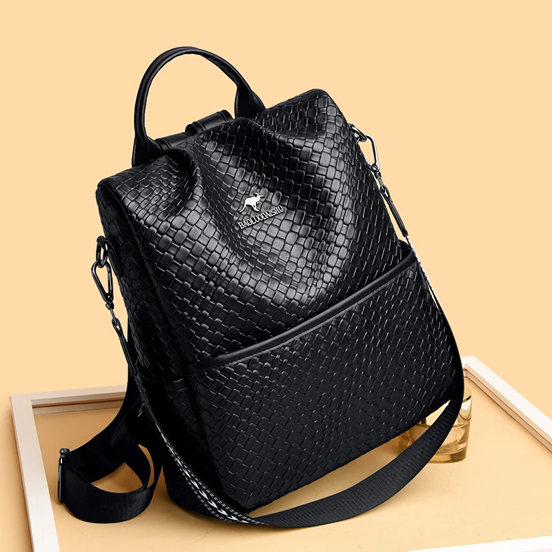 Mochila de cuero con patrón de piedra de cera de aceite para mujer, bolso escolar de alta calidad para niñas adolescentes, bolso de hombro para