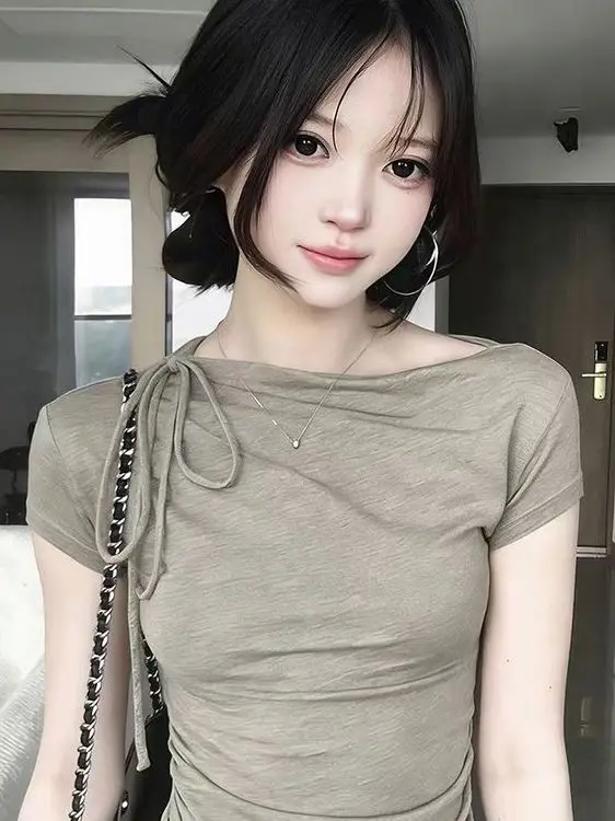 Retro American Folded Shoulder Tie Dye Short Sleeve T-Shirt Women's Summer Slimming Design Sexy Top Casual Style High Waist