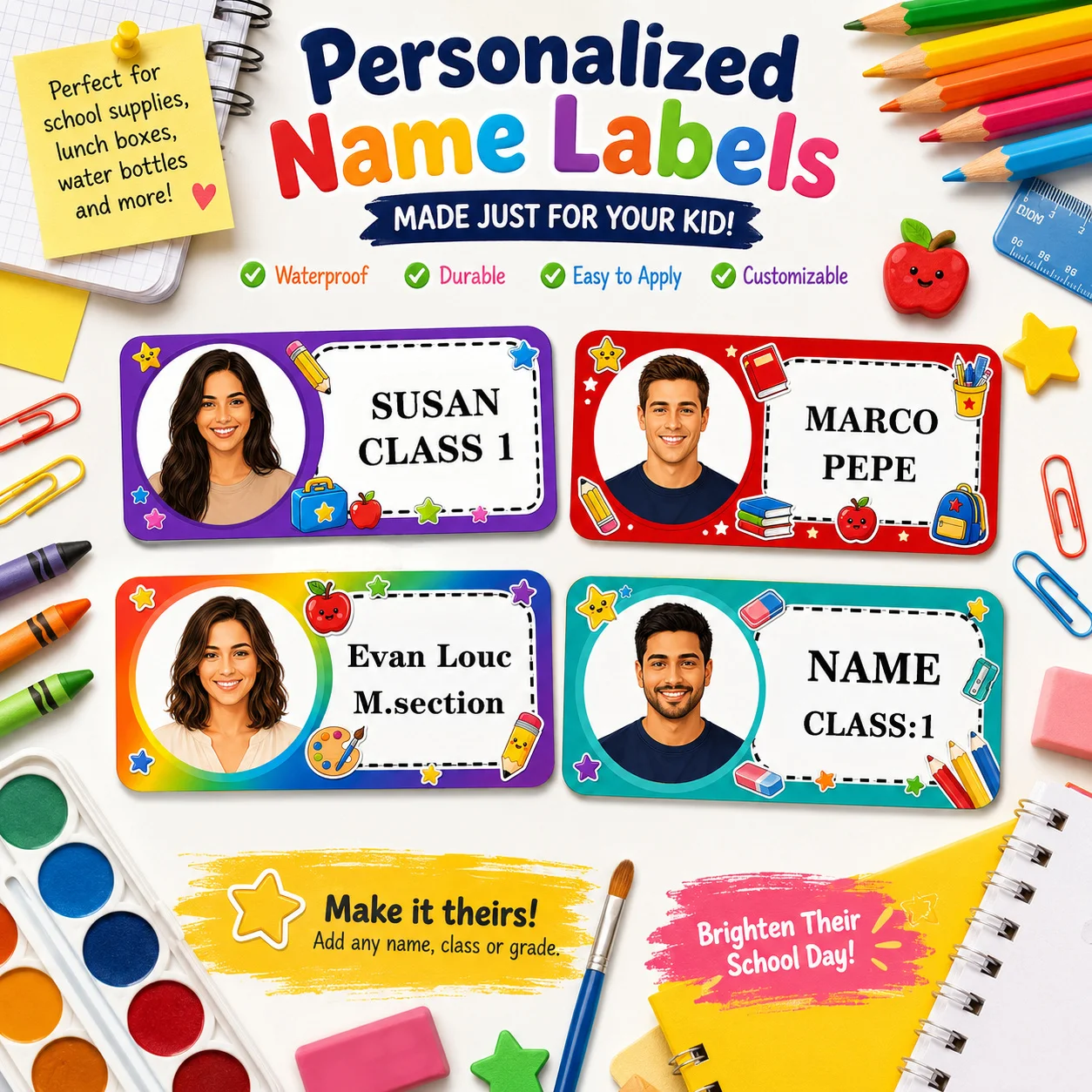 Customized Name Stickers—Personalized Label Stickers, Colorful Student Name Tags for School Supplies, Waterproof Cartoon Name Stickers. Waterproof School Name Stickers