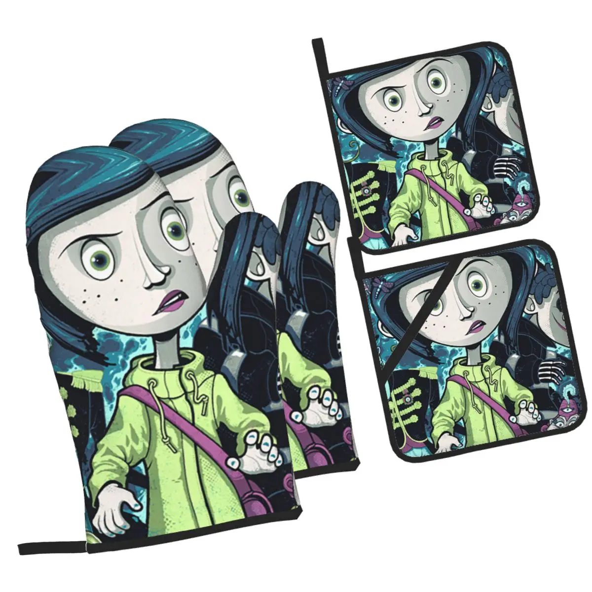 

Coralines Halloween Cartoon Anime Oven Mitts and Pot Holder Sets of 4 for Baking Kitchen Cooking Grilling Resistant Gloves