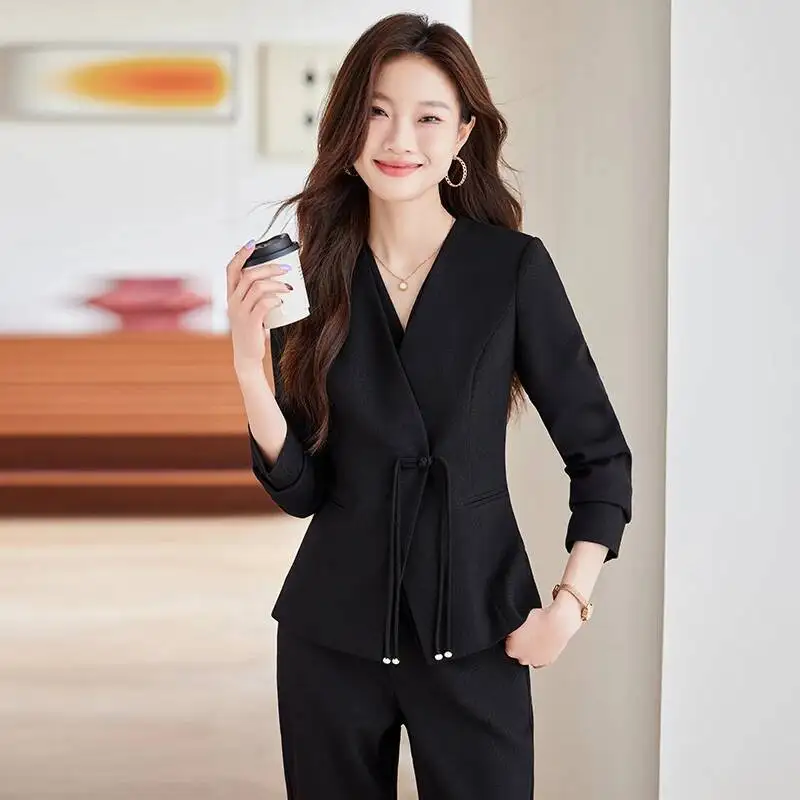 Tailleur pantalone formali in tessuto di alta qualità per donna Pantaloni da intervista per carriera professionale da ufficio Set blazer da donna Tailleur pantalone