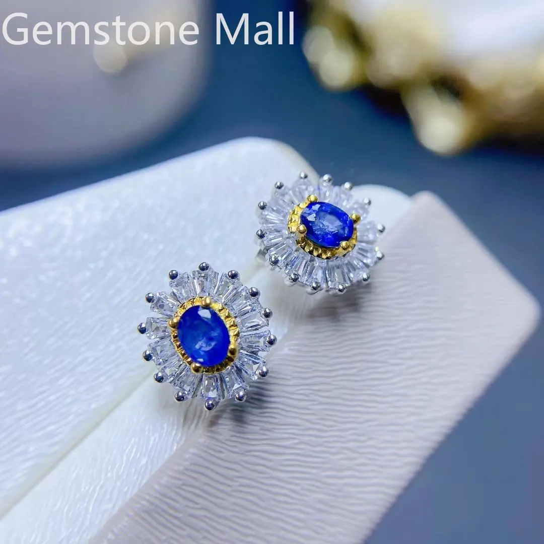 

Classic 925 Silver Sapphire Stud Earrings Office Woman 4mm*5mm 1ct 100% Natural Sapphire Earrings with Gold Plating