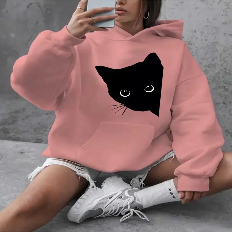 Bluza z kapturem z grafiką kota, czarnym nadrukiem kota i kieszenią kangurką, codzienna, nadająca się do prania w pralce, idealna na weekend.