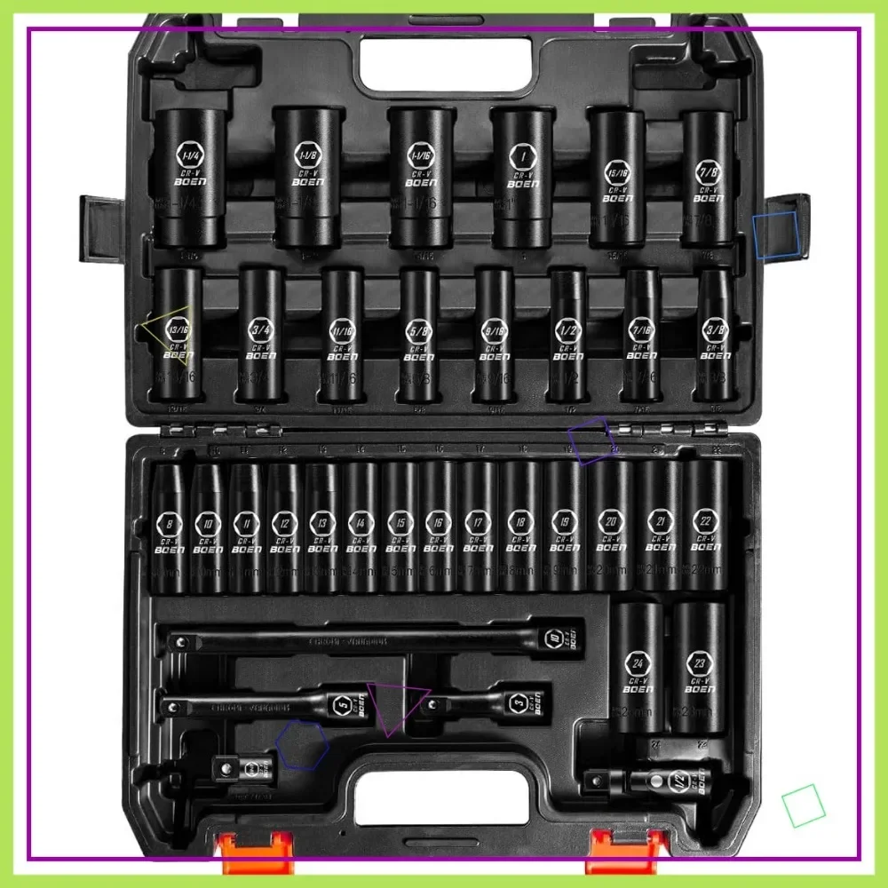 

Набор из 35 головок с глубоким ударом привода 1/2 дюйма — SAE и метрические размеры с удлинителями, универсальным шарниром и адаптером