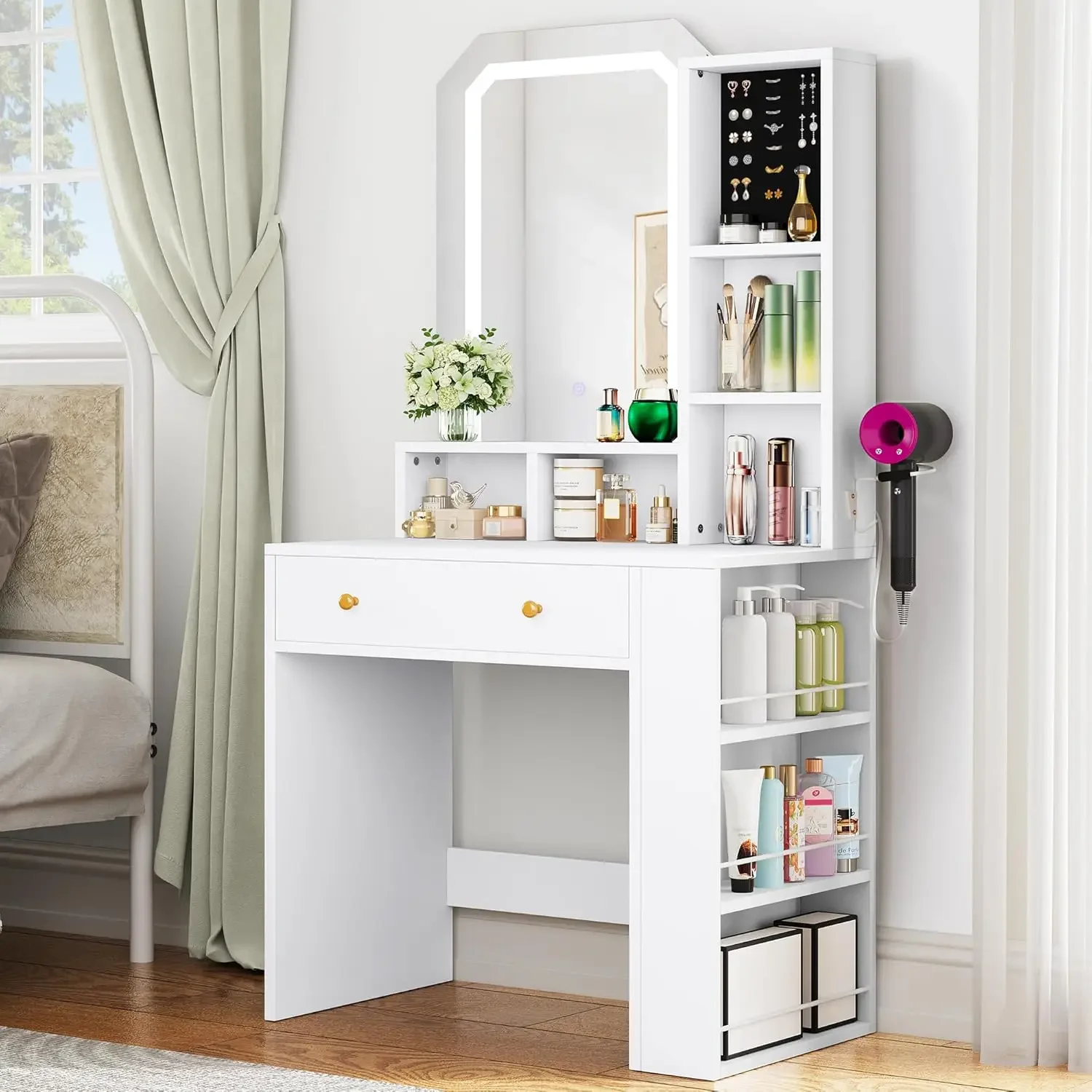 Small Makeup Vanity Desk with Mirror and Adjustable Lights, Vanity Table with Jewelry Foam, Storage Drawer, Shelves, an