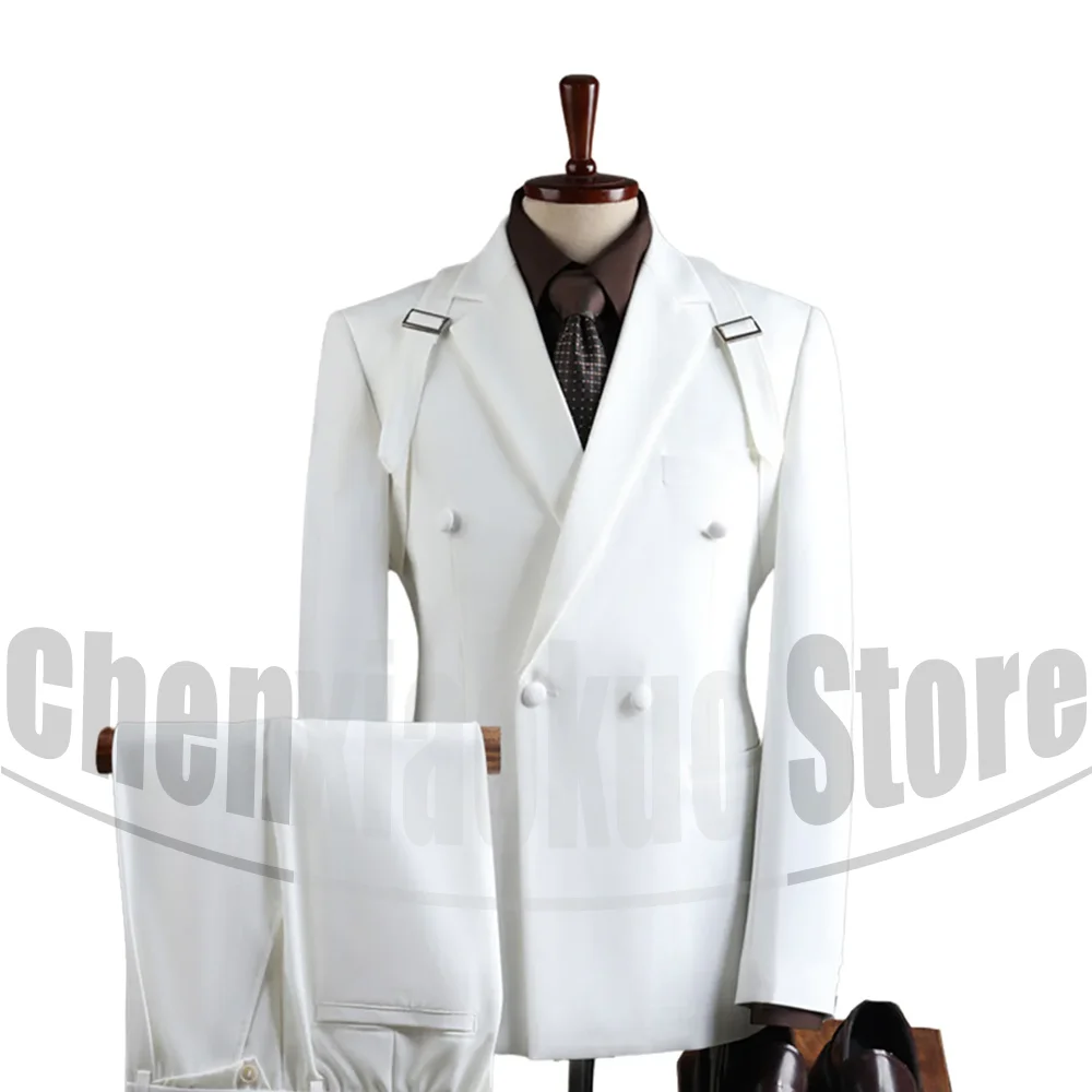 

Men Double Breasted Suit Set With Shoulder Strap Decor Formal Wedding Blazer And Pants 2 Piece Outfit For Groom Party Tuxedo