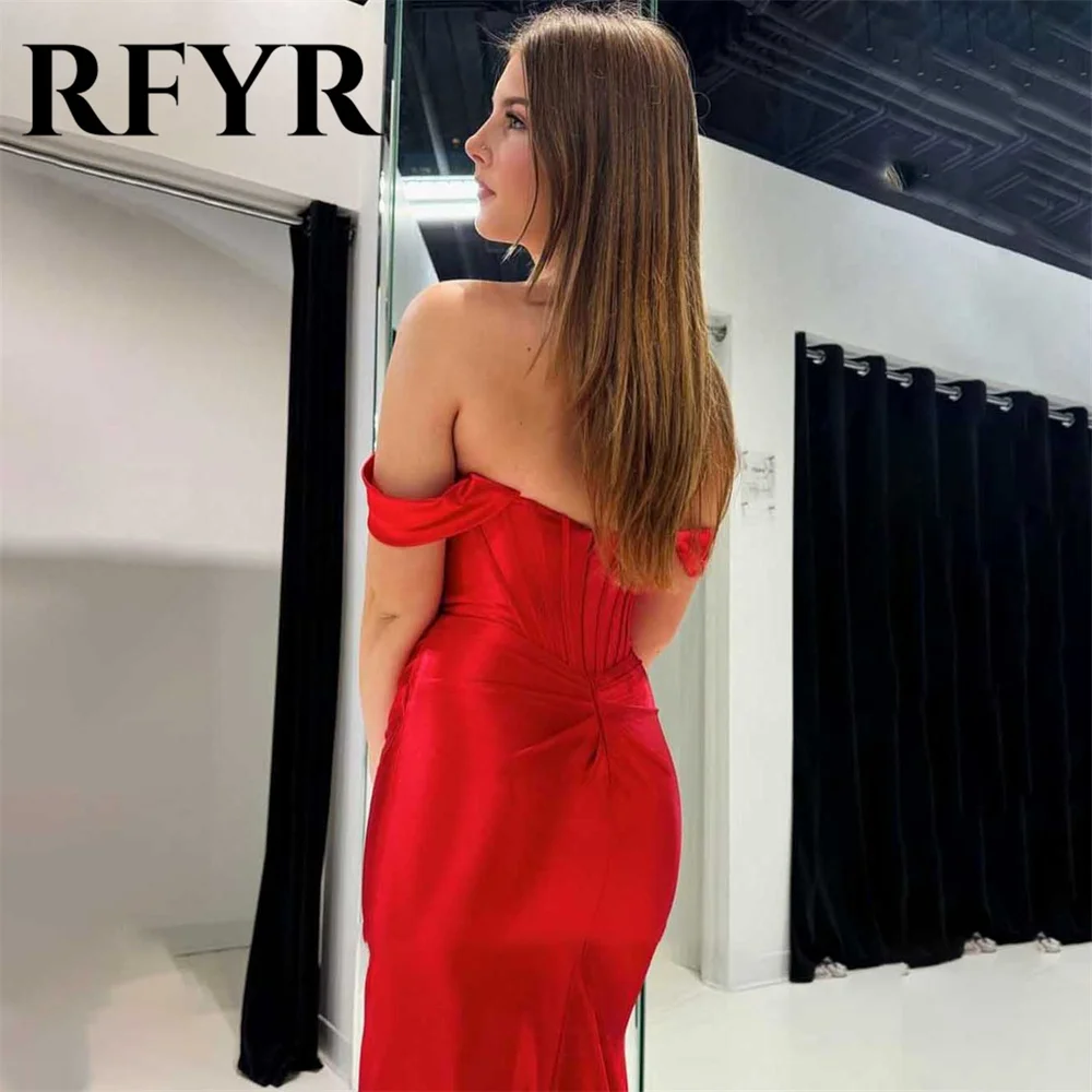 RFYR Red Prom Dresses Strapless Trumpet Evening Dresses Pleats Satin Party Dress with Side Split Floor-length Vestidos De Noche