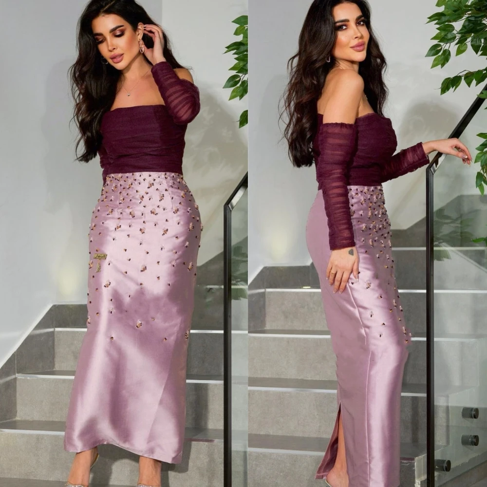 Robe de Bal en Satin d'Arabie Saoudite, Tenue de Soirée, Ligne A, Sans Bretelles, sur Mesure, Mi-Longue