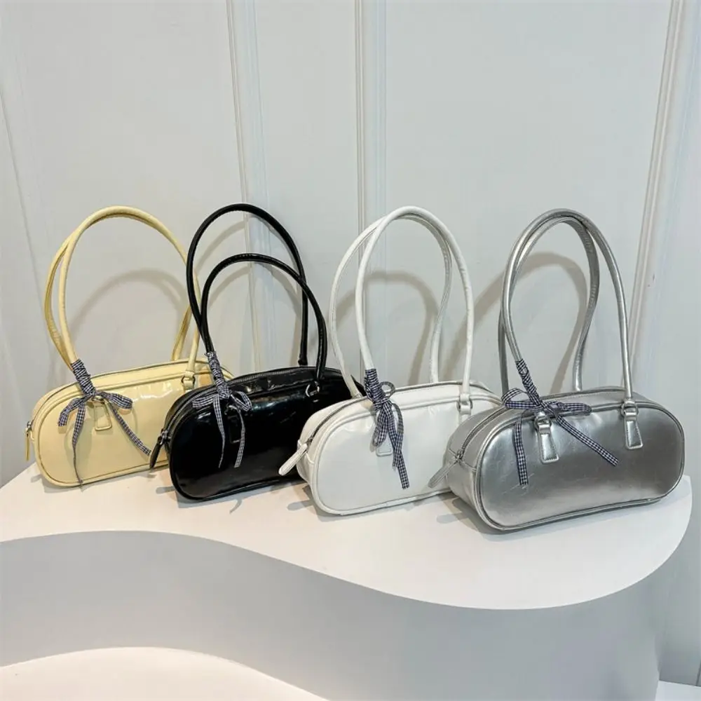 

Korean Style Ribbons Bowling Bag PU Leather Vintage Balletcore Bow Bowler Bag Armpit Bag Fashion Silver Single Shoulder Bag