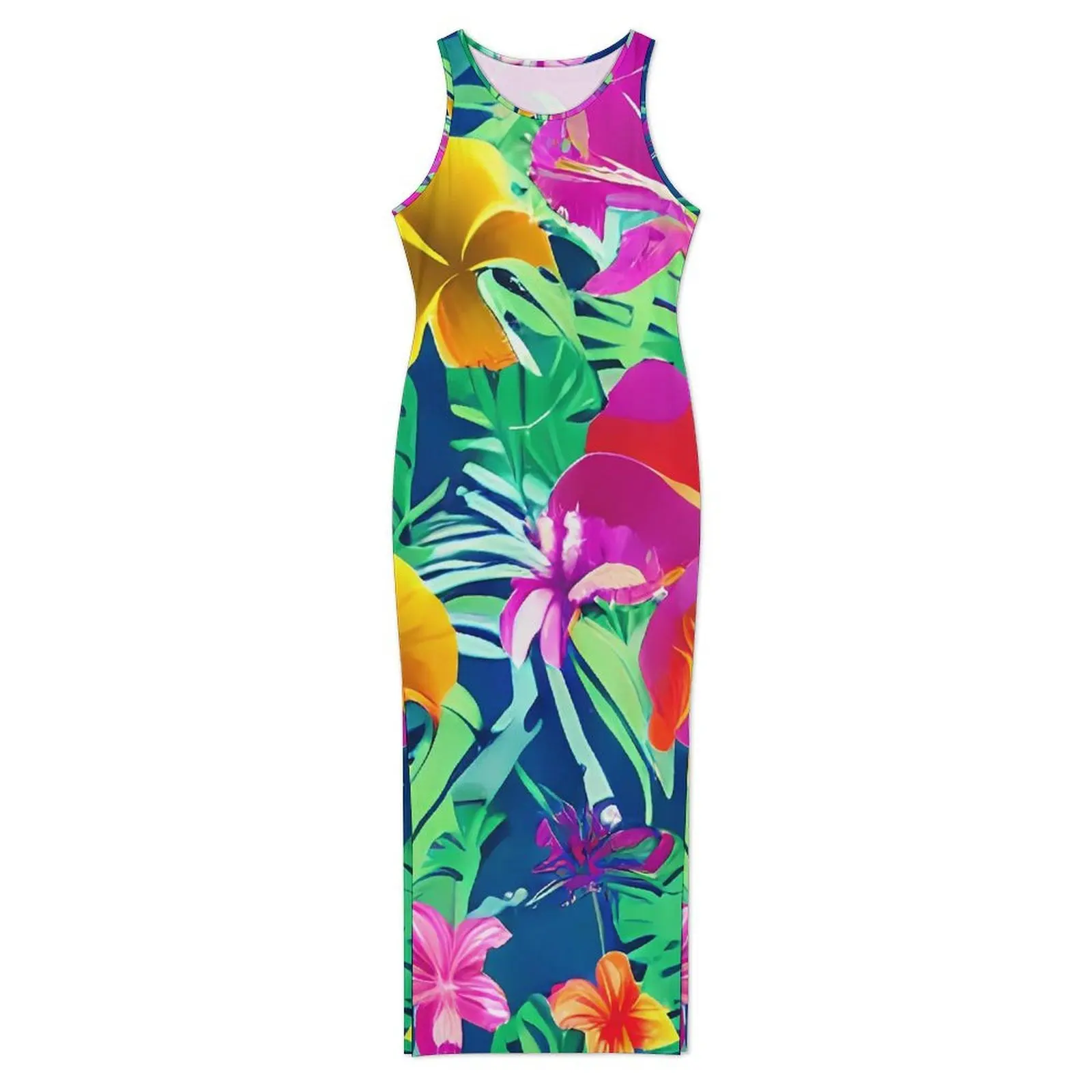 Tropical Florals Dress Sleeveless Colorful Flowers Pretty Maxi Dresses Summer Streetwear Pattern Bodycon Dress Large Size