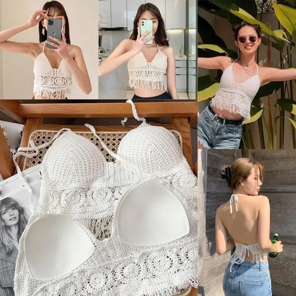 Seksi Boho liburan pantai kamisol Halter wanita Crochet Bra Crop baju renang berongga rompi Backless Atasan wanita rajut Tank Top Tas E5J2