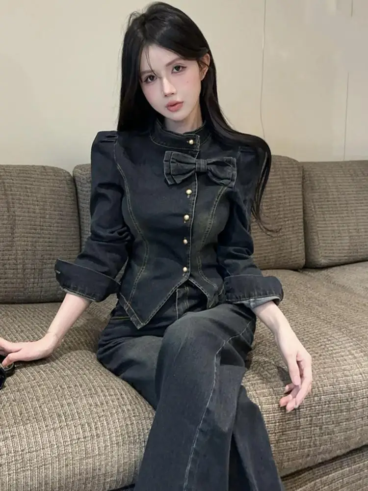 

Women Bow Vintage Denim Jacket Pant Sets Single Breasted Long Sleeve Coat Wide Leg Trousers Jeans High Street Outfits Female