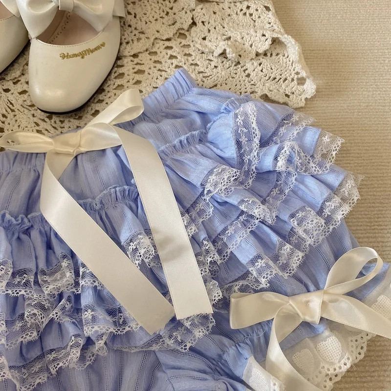 Lolita Short Black White Shorts Womens Cute Lace Trim Layered Ruffle Bloomers Short Girls Mid Waist Bowknot Decor Frilly Panties