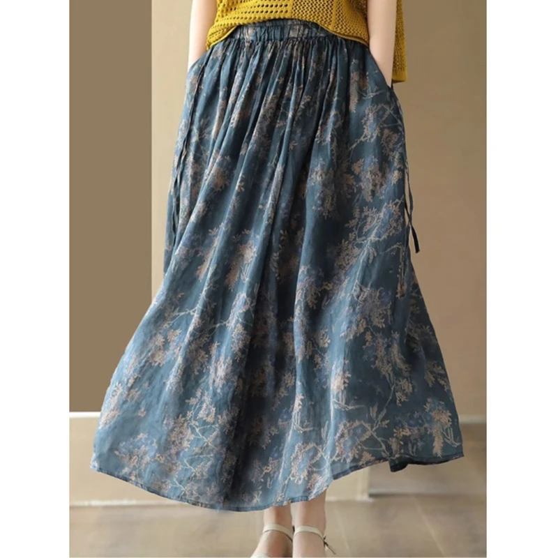 جديد وصول الربيع/الصيف الفنون نمط المرأة فضفاضة عادية الأزهار طباعة ألف خط منتصف العجل تنورة نوعية جيدة القطن الكتان التنانير Y326 #4
