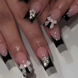 Black French Tips Press on Nails 3D White Bowknot Alloy Stars Designs Fake Nails Ballet Charms False Nails Korean Manicure