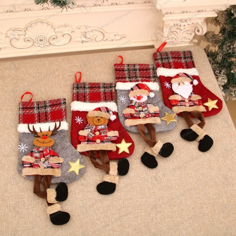 Xmas Plaid Large Stocking, Christmas Tree Charm Candy Gift Sack, Indoor Holiday Decor